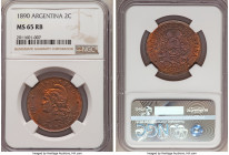 Republic 2 Centavos 1890 MS65 Red and Brown NGC, KM33. Attractive design and popular type. Red and cognac-brown color with a complementary silver-blue...