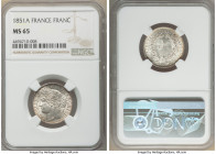 Republic Franc 1851-A MS65 NGC, Paris mint, KM759.1. Lovely Ceres head franc with lustrous satin surfaces, accented with a faint taupe tone. 

HID09...