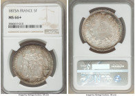 Republic 5 Francs 1873-A MS66+ NGC, Paris mint, KM820.1. Premium surface with reflective fields, lightly toned in pastel seafoam, gold and, bronze-tan...
