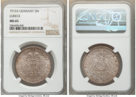 Lübeck. Free City 3 Mark 1912-A MS65 NGC, Berlin mint, KM215. Whirling cartwheel luster bathed in anthracite and peach toning. 

HID09801242017

©...