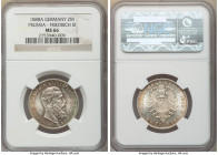 Prussia. Friedrich III 2 Mark 1888-A MS66 NGC, Berlin mint, KM510. One year type. Colorful toning infused with original mint luster and pleasing unmar...