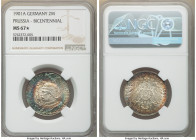Prussia. Wilhelm II 2 Mark 1901-A MS67 S NGC, Berlin mint, KM525. For the 200th anniversary of the Kingdom of Prussia. Lovely rainbow toned and well d...
