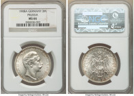 Prussia. Wilhelm II 3 Mark 1908-A MS66 NGC, Berlin mint, KM527. Silky mint bloom that effortlessly brightens the surface, and faintly dressed in peach...