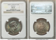 Prussia. Wilhelm II 3 Mark 1909-A MS65 NGC, Berlin mint, KM527. Luster rolls pleasingly across the surface while shades of teal and gold interact in u...