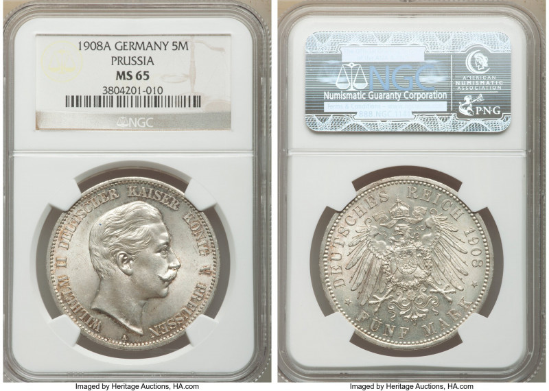 Prussia. Wilhelm II 5 Mark 1908-A MS65 NGC, Berlin mint, KM523. Last year of typ...
