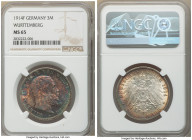 Württemberg. Wilhelm II 3 Mark 1914-F MS65 NGC, Stuttgart mint, KM635. Complex multi-colored toning enhances the overall appeal. 

HID09801242017
...