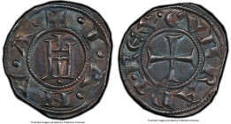 Genoa. Republic Grosso ND (1139-1339) AU58 PCGS, Biaggi-837. 19mm. +I A NV A, Castle within circle / +CVNRADI REX Cross within circle. Gunmetal toning...