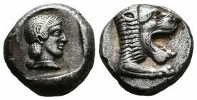 Caria, Cnidus, Drachm C. 449-411. BC. Forepart of lion r., with open jaws. Rev. Diademed head of Aphrodite r. within incuse square. 
Reference: SNG Fi...