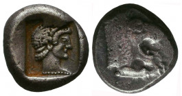 Caria, Cnidus, Drachm C. 449-411. BC. Forepart of lion r., with open jaws. Rev. Diademed head of Aphrodite r. within incuse square. 
Reference: SNG Fi...