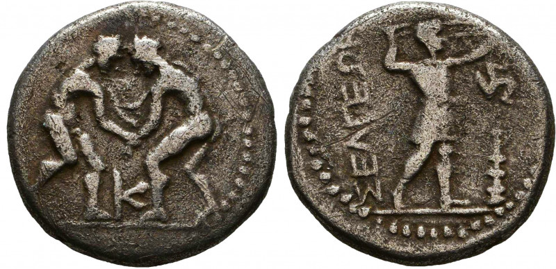 Pisidia, Selge AR Stater. Circa 325-250 BC. Two wrestlers grappling; / Slinger s...