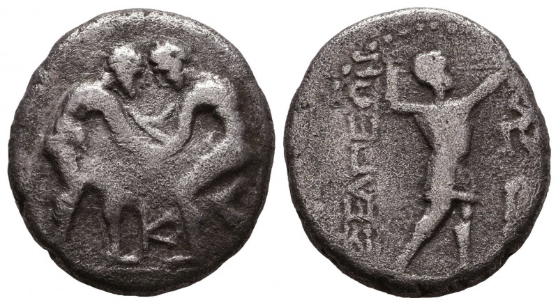 Pisidia, Selge AR Stater. Circa 325-250 BC. Two wrestlers grappling; / Slinger s...