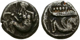 PHOENICIA, Arados. Circa 400-380 BC. AR Tetrobol (3.40 gm). Marine deity swimming right, holding two dolphins by their tails; Phoenician "MA" above / ...