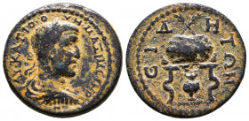 PAMPHYLIA, Side. Maximinus I. 235-238 AD. Æ. Laureate, draped, and cuirassed bust right / Prize crown with two palms, set on table; amphora below tabl...