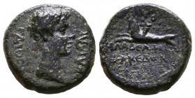 LYDIA, Philadelphia. Gaius (Caligula). AD 37-41. Æ. Bare head of Gaius (Caligula) right / Capricorn left, bearing cornucopia on its back; monogram abo...