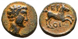 PISIDIA. Termessos (by Oenanda). Tiberius(?). Ae.
Obv: Bare head right.
Rev: TEP / OI.
Horse prancing right.
RPC I 3360.
Reference:
Condition: Very Fi...