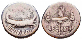 Marc Antony Legionary AR Denarius. Military mint moving with Antony, autumn 32 - spring 31 BC. ANT•AVG III•VIR•R•P•C, praetorian galley to right / Aqu...