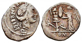 C. Egnatuleius C.f., Rome, 97 BC. AR Quinarius. Laureate head of Apollo. R/ Victory standing l., inscribing shield attached to trophy; at base, carnyx...