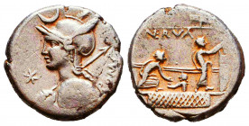 ROMAN REPUBLICAN. P. Nerva. 113-112 B.C. AR denarius. Rome mint. Helmeted bust of Roma left, holding shield and spear; crescent above, mark of value t...