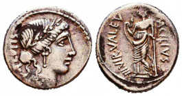 Man. Acilius Glabrio AR Denarius. Rome, 49 BC. Laureate head of Salus right, SALVTIS upwards / Valetudo standing left, leaning on column, holding serp...