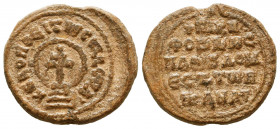 Byzantine lead seal of 
Nikephoros imperial protospatharios
and domestikos of the Anatolikoi
(10th cent.)
Obv.: Large patriarchal cross on four steps ...
