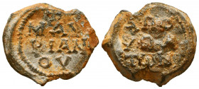 Byzantine lead seal of 
 Mavrianos honorary hypatos
(6th cent.)

Obv.: MAV/ΡΙΑΝ/ΟV (Mavrianos), wreath border.

Rev.: ΑΠΟ/ΥΠΑ/ΤΩΝ (honoray hypatos), w...