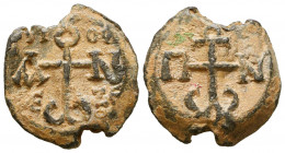 Byzantine lead seal of Ioannes (John) son of Iezekiel (?), 
honorary hypatos
(6th/7th cent.). 

Obv.: Cruciform monogram inscribed in the corners, res...
