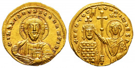 JOHN I TZIMISCES (969-976 AD). AV Solidus, Constantinopolis.
Obv. +IhSXISReX ReGNANTIhM, Nimbate bust of Christ facing, raising hand in benediction a...