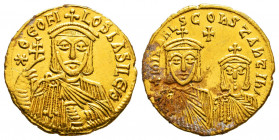 THEOPHILUS with CONSTANTINE and MICHAEL III, 829-842. AV Solidus Constantinople Mint, 831-842. Obverse: Crowned facing bust of Theophilus, wearing chl...