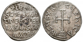 LEO V, the Armenian, with Constantine. 813-820 AD. AR Miliaresion . Constantinople mint. IhSUS XRISTUS nICA, cross potent on three steps / +LEOn S CON...