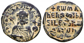 Romanus I Æ Nummus. AD 920-944. +RƜMAҺ' ЬASILЄVS RƜM', facing bust of Romanus I, bearded, wearing crown with cross and jewelled chlamys, holding globe...