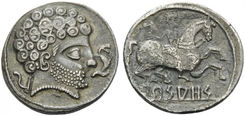 SPAIN. Arsaos . Circa 150-100 BC. Denarius (Silver, 18 mm, 3.87 g, 1 h). Bearded...