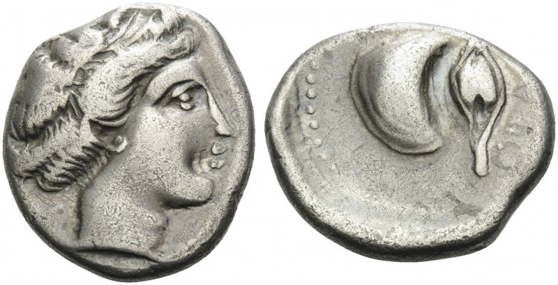 CAMPANIA. Cumae . Circa 420-385 BC. Didrachm (Silver, 20 mm, 7.21 g, 3 h). Head ...