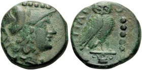 APULIA. Teate . Circa 225-200 BC. Quincunx (Bronze, 26 mm, 16.41 g, 10 h). Helmeted head of Athena to right; above, five pellets. Rev. TIATI Owl stand...