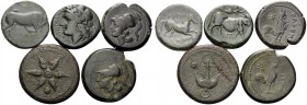 MAGNA GRAECIA. (Bronze, 33.37 g). Five Bronze Coins from Magna Graecia: 1. Etruria, uncertain mint. Uncia, 22 mm, 8.75 g. HN III, 67. SNG ANS 42-43; 2...