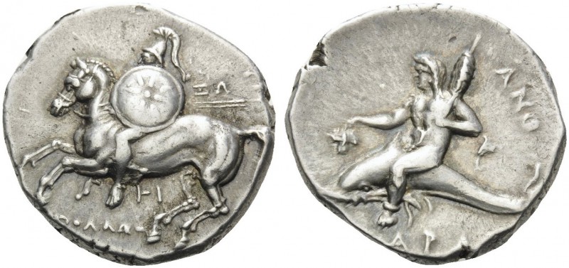 CALABRIA. Tarentum . Circa 280-272 BC. Stater (Silver, 21 mm, 6.59 g, 5 h), Apol...