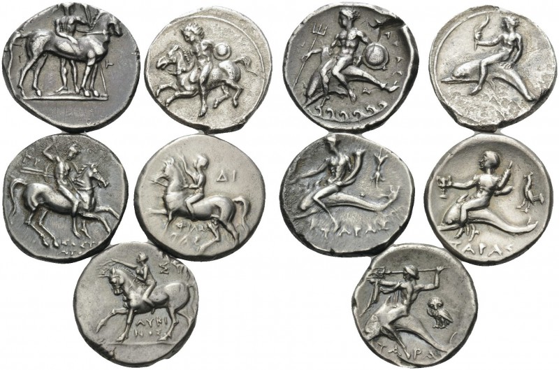 CALABRIA. Tarentum . (Silver, 34.52 g). Lot of Five Silver Nomoi, c. 400-270 BC....