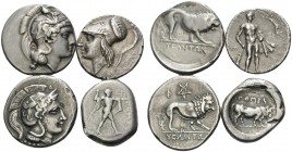 LUCANIA. Velia . (Silver, 28.03 g). Lot of 4 Silver Staters From Lucania. 1 . Herakleia. 20 mm, 5.78g. SNG ANS 95-97. 2 . Poseidonia. 19 mm, 7.94 g. S...