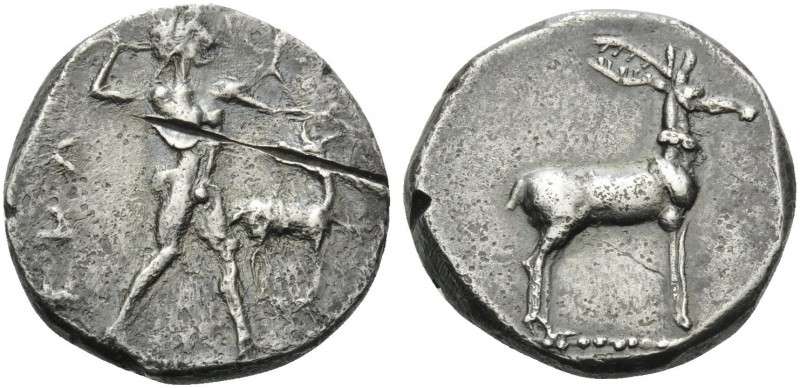 BRUTTIUM. Kaulonia . Circa 475-425 BC. Stater (Silver, 20 mm, 7.90 g, 8 h). ΚΑV ...