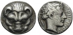 BRUTTIUM. Rhegion . Circa 415/0-387 BC. Drachm (Silver, 15 mm, 4.09 g, 2 h). Lion's mask facing. Rev. ΡΗΓΙΝΟΝ Head of Apollo to right. Herzfelder 109....