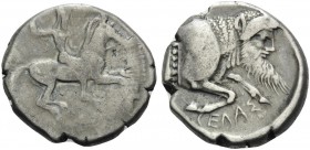 SICILY. Gela . Circa 490/85-480/75 BC. Didrachm (Silver, 21 mm, 8.61 g, 9 h). Nude horseman riding to right. Rev. CEΛAΣ Forepart of man-headed bull to...