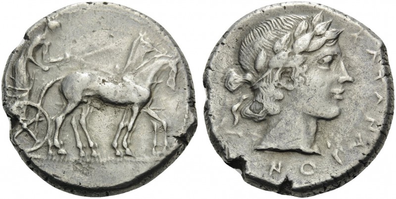SICILY. Katane . Circa 450-405 BC. Tetradrachm (Silver, 26 mm, 16.67 g, 7 h), 45...