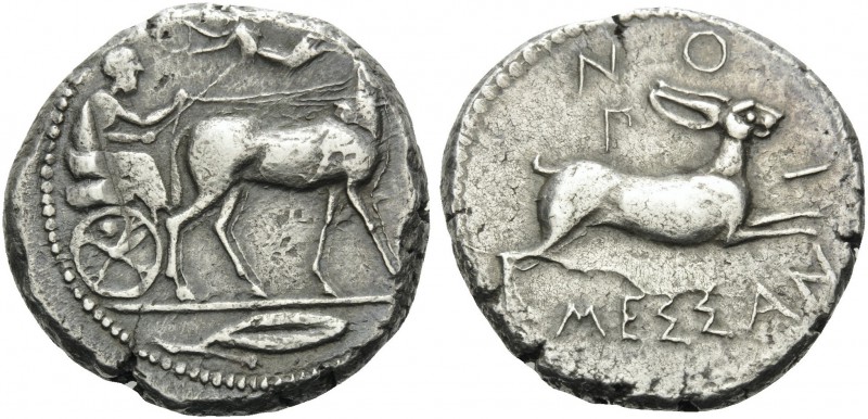 SICILY. Messana . 450-446 BC. Tetradrachm (Silver, 27 mm, 17.31 g, 6 h). Chariot...