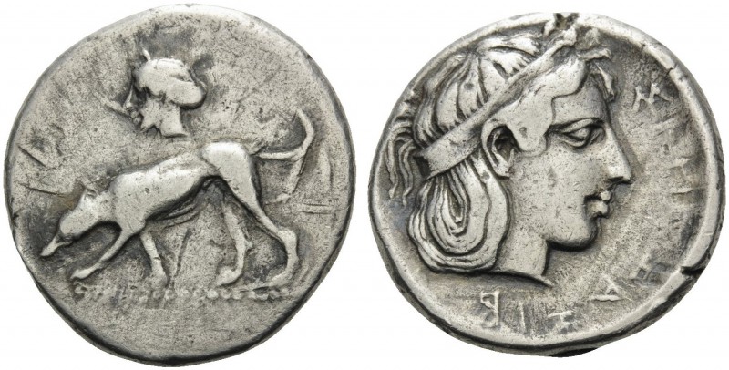 SICILY. Segesta . Circa 420 BC. Didrachm (Silver, 21 mm, 8.27 g, 10 h). Hound st...