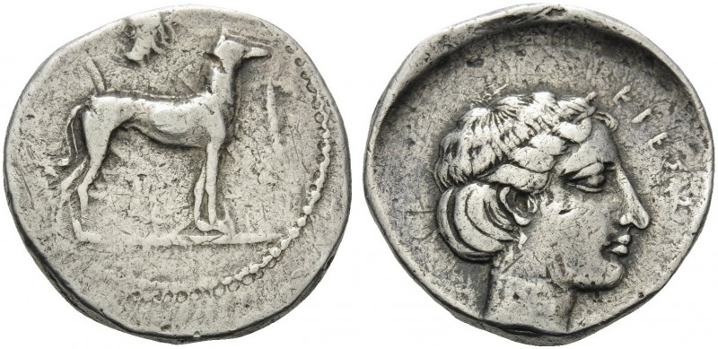 SICILY. Segesta . Circa 415 BC. Didrachm (Silver, 22 mm, 8.45 g, 4 h). Hound sta...