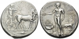 SICILY. Selinos . Circa 455-409 BC. Tetradrachm (Silver, 29 mm, 16.88 g, 1 h). Apollo and Artemis standing right in a quadriga moving slowly to right;...