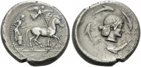 SICILY. Syracuse . Deinomenid Tyranny, 485-466 BC. Tetradrachm (Silver, 25 mm, 16.98 g, 1 h), struck under Hieron I, 478-475. Charioteer driving a qua...