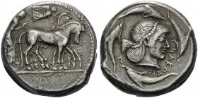 SICILY. Syracuse . Deinomenid Tyranny, 485-466 BC. Tetradrachm (Silver, 23 mm, 17.38 g, 11 h), struck under Hieron I, 475-470. Charioteer driving a qu...