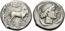 SICILY. Syracuse . Second Democracy, 466-405 BC. Tetradrachm (Silver, 24 mm, 17.12 g, 9 h), c. 450 BC. Charioteer driving a quadriga walking to right;...