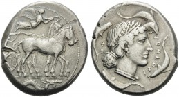 SICILY. Syracuse . Second Democracy, 466-405 BC. Tetradrachm (Silver, 26 mm, 17.16 g, 12 h), c. 450-440 BC. Charioteer driving a quadriga walking to r...