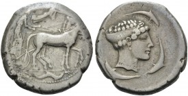 SICILY. Syracuse . Second Democracy, 466-405 BC. Tetradrachm (Silver, 28 mm, 16.80 g, 1 h), c. 450-440 BC. Charioteer driving a quadriga walking to ri...
